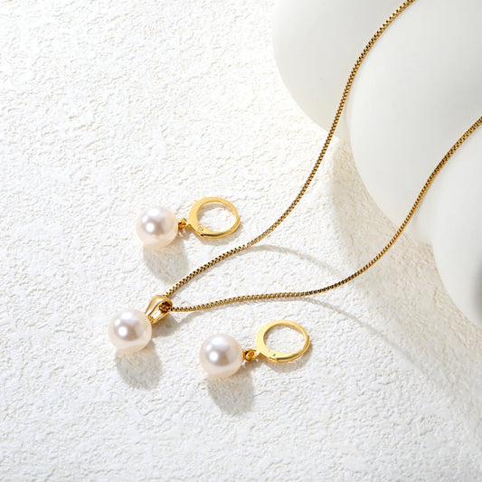 Gold Pearl Necklace & Hoop Earrings Set